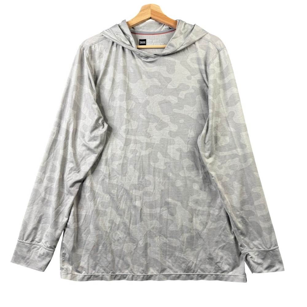 SAXX DropTemp All Day Cooling Hoodie Mens Medium Grey Camo SXLHP45 Long Sleeve